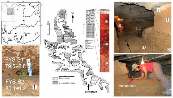 Geographical location and interior views of the Fuyan Cave, Doaxian with dating sample (lower left), plan view of the excavation area with stratigraphy layer marked (center), the spatial relationship of the excavated regions and researcher finding human tooth (right). Y-J Cai, X-X Yang, and X-J Wu