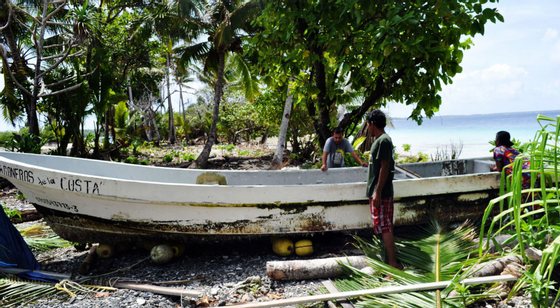 A photo obtained on February 6, 2014 shows the claimed boat of Pacific castaway Jose Salvador Alvarenga of El Salvador shortly after his January 30 arrival on the remote Ebon Atoll in the Marshall Islands. Alvarenga was born in El Salvador but had lived for years in Mexico, where he says he set off on a fishing trip in late 2012 before becoming lost and drifting some 12,500-kilometres (8,000-miles) to the Marshalls in a small boat. The 37-year-old said he survived by eating raw fish and birds as well as drinking turtle blood, urine and rainwater for 13 months, but a teenage companion named Ezequiel starved to death during the ordeal. AFP PHOTO (Photo credit should read STR/AFP/Getty Images)