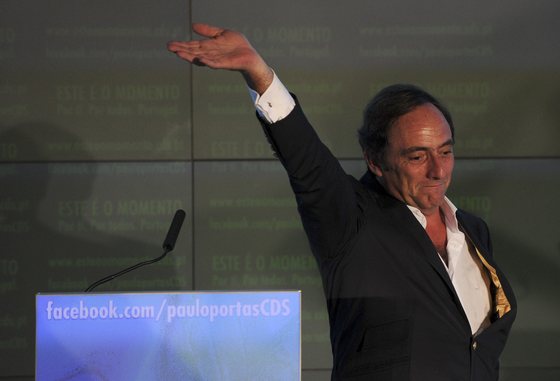 The leader of the right-wing (CDS-PP) Paulo Portas waves after speaking on June 1, 2011 during a campaign visit in Albufeira ahead of the June 5 elections. Prime Minister Jose Socrates resigned in March after failing to win parliamentary support for stiff austerity measures, forcing him to seek a European Union and International Monetary Fund bailout to repay nearly five billion euros (7 billion US dollar) in maturing debt. AFP PHOTO/ FRANCISCO LEONG (Photo credit should read FRANCISCO LEONG/AFP/Getty Images)