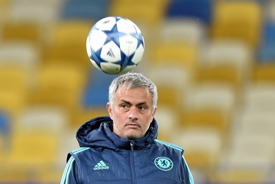 Chelsea's Portuguese coach Jose Mourinho kicks a ball during a training session at Olimpiskiy Stadium in Kiev on October 19, 2015, a day before their Champion's League Group G football match against FC Dinamo. AFP PHOTO / SERGEI SUPINSKY (Photo credit should read SERGEI SUPINSKY/AFP/Getty Images)