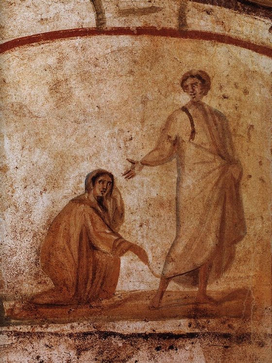Um dos primeiros exemplos conhecidos de arte cristÃ£ Jesus cura uma mulher. Roma, Catacumbas de Marcelino e Pedro, sÃ©culo IV