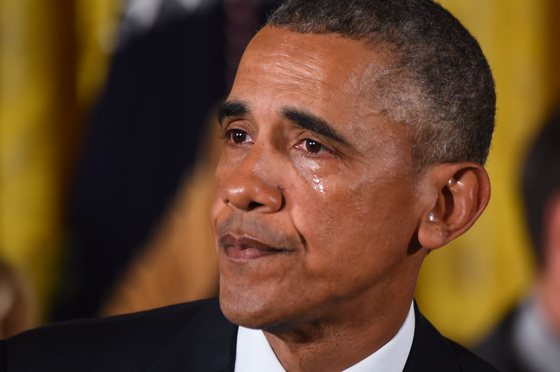 US President Barack Obama gets emotional as he delivers a statement on executive actions to reduce gun violence on January 5, 2016 at the White House in Washington, DC. AFP PHOTO/JIM WATSON / AFP / JIM WATSON (Photo credit should read JIM WATSON/AFP/Getty Images)