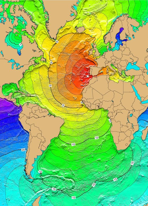 O terramoto de 1755 e a propagaÃ§Ã£o do maremoto ao longo das horas