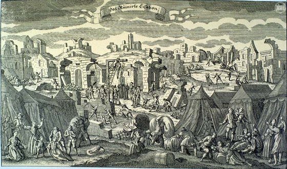 Uma gravura da Ã©poca mostra a destruiÃ§Ã£o em Lisboa provocada pelo grande terramoto de 1755