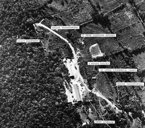 WASHINGTON - OCTOBER 24, 1962: (EDITORIAL USE ONLY) (FILE PHOTO) A photograph of a ballistic missile base in Cuba was used as evidence with which U.S. President John F. Kennedy ordered a naval blockade of Cuba during the Cuban missile crisis October 24, 1962. Former Russian and U.S. officials attending a conference commemorating the 40th anniversary of the missile crisis October 2002 in Cuba said that the world was closer to a nuclear conflict during the 1962 standoff between Cuba and the U.S., than governments were aware of. (Photo by Getty Images)