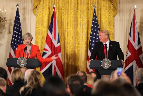 WASHINGTON, DC - JANUARY 27: British Prime Minister Theresa May speaks during a joint press conference with U.S. President Donald Trump in The East Room at The White House on January 27, 2017 in Washington, DC. British Prime Minister Theresa May is on a two-day visit to the United States and will be the first world leader to meet with President Donald Trump.  (Photo by Christopher Furlong/Getty Images)