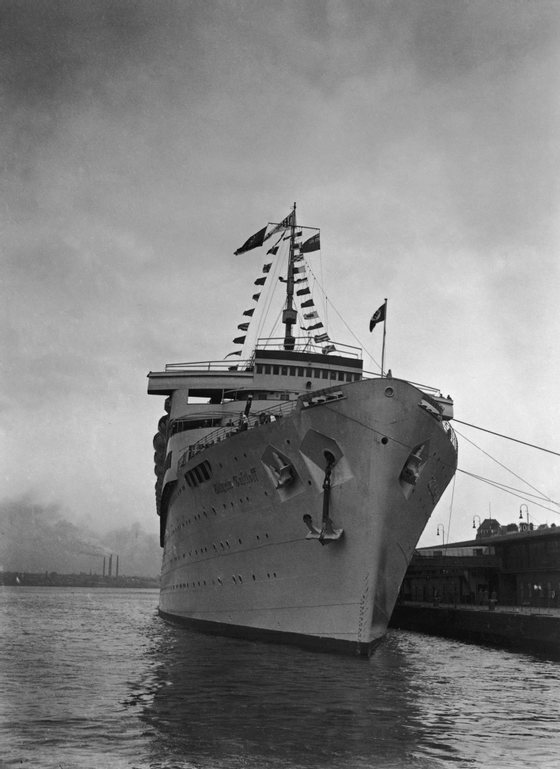 The German luxury liner Wilhelm Gustloff at Tilbury, 10th April 1938. The ship is about to take German residents of the United Kingdom into international waters, where they can vote in the plebiscite on the annexation of Austria. (Photo by Harrison/Topical Press Agency/Hulton Archive/Getty Images)
