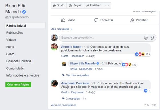 Bispo Edir Macedo diz no Facebook que apoia Bolsonaro