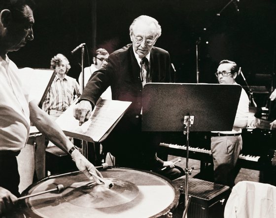 Austria, diessen am ammersee, German composer Carl Orff (1895-1982), and Austrian conductor Herbert von Karajan (1908 - 1989), during recording of "Temporum fine comoedia" in Leverkusen, 1973