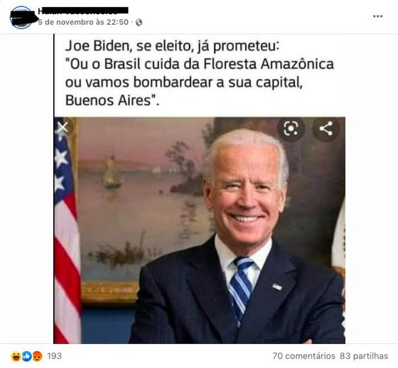 PublicaÃ§Ã£o viral atribui declaraÃ§Ã£o falsa a Joe Biden sobre o Brasil.