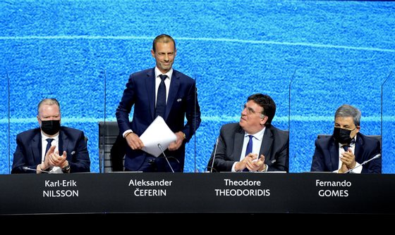 epa09146958 A handout photo made available by the UEFA of UEFA President Aleksander Ceferin at the 45th Ordinary UEFA Congress in Montreux, Switzerland, 20 April 2021. EPA/Paul Murphy / UEFA HANDOUT HANDOUT EDITORIAL USE ONLY/NO SALES