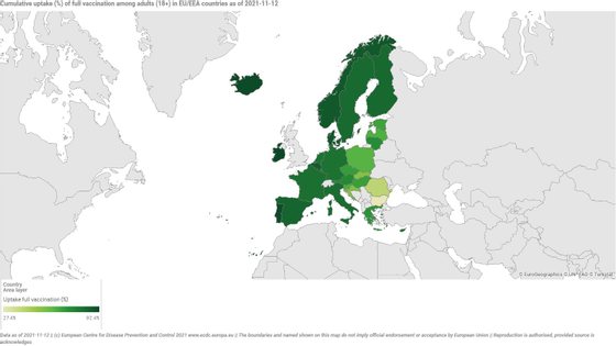 VacinaÃ§Ã£o total de adultos na Europa a 12 de novembro de 2021