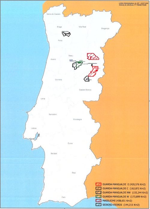 Mapa das seis Ã¡reas abrangidas pelo concurso de prospeÃ§Ã£o de lÃ­tio