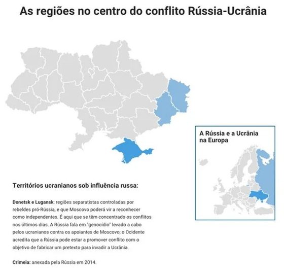 Os territÃ³rios Donetsk e Lugansk. Mapa: Observador