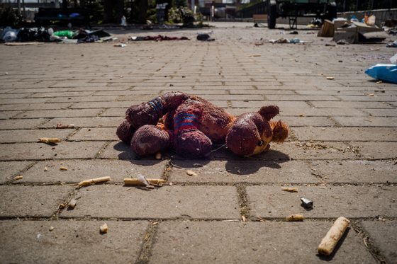 KRAMATORSK, UKRAINE - APRIL 8: A toy covered in blood at the sc