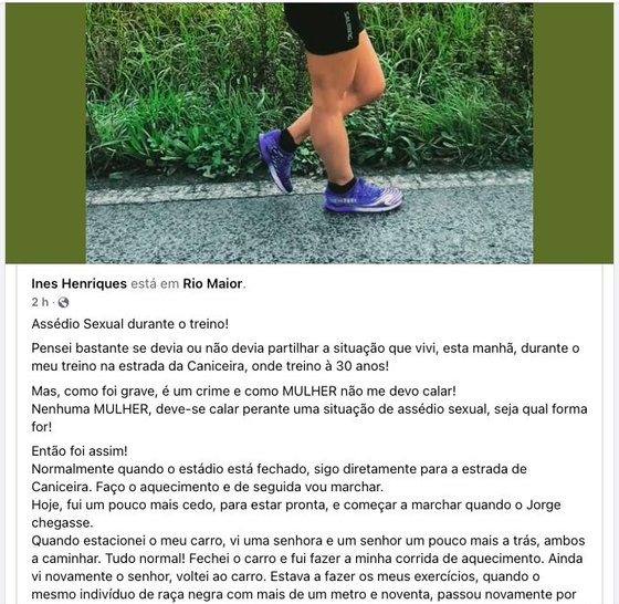 Facebook da atleta InÃªs Henriques onde faz denÃºncia de assÃ©dio