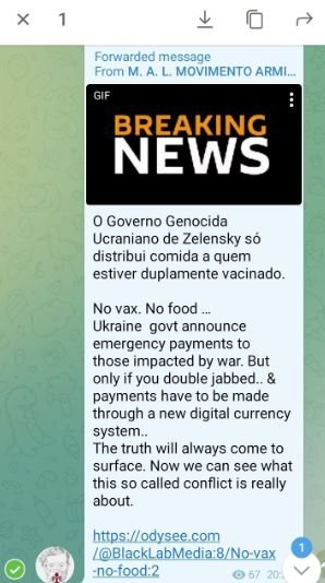 Mensagem no Telegram "no vax, no food" na UcrÃ¢nia