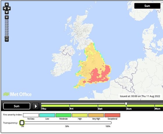 O risco de incÃªndio em Inglaterra e no PaÃ­s de Gales Ã© muito alto, em algumas zonas Ã© extremo