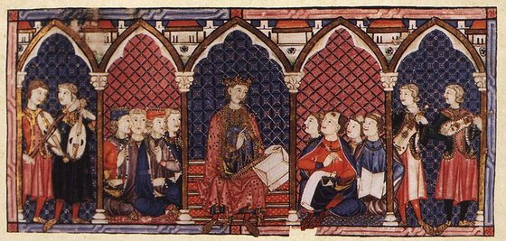 Afonso X rodeado pelos mÃºsicos da sua corte, numa iluminura de um dos quatro cÃ³dices das Cantigas de Santa Maria