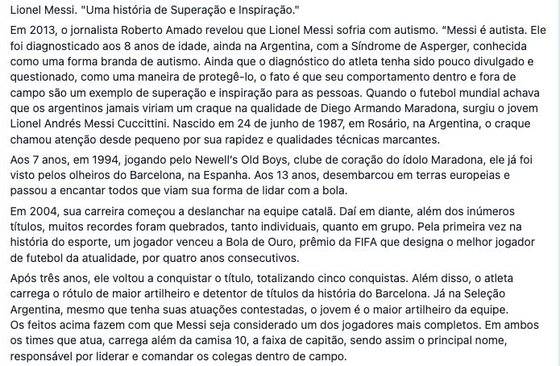 PublicaÃ§Ã£o de Facebook com texto sobre suposto autismo de Lionel Messi