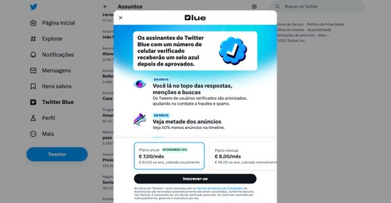 Twitter Blue jÃ¡ aparece na versÃ£o web, mas ainda nÃ£o em Android e iOs