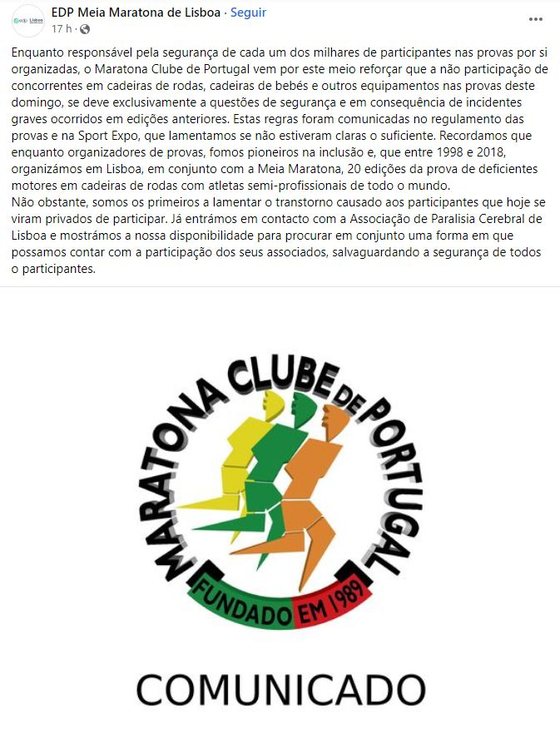 O Comunicado do Maratona Clube de Portugal, publicado na noite de domingo nas redes sociais.