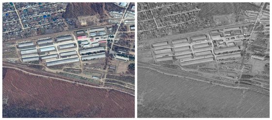 Imagens de satÃ©lite da Maxar Technologies. Na direita mostra o armazÃ©m de tanques em Arsenyev, antes da invasÃ£o da UcrÃ¢nia, a 22 de abril de 2021. Na esquerda, o mesmo armazÃ©m a 21 de abril de 2023