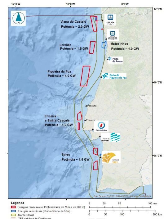 Mapa das Ã¡reas onde foi identificado potencial para offshore eÃ³lica a colocar a concurso
