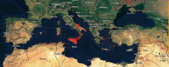 Mapa de incÃªndios ativos nas Ãºltimas 24 horas, a 26 de julho