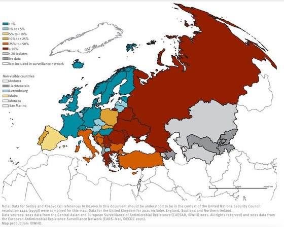 percentagem de casos de klebsiella pneumoniae resistente a carbapenemos nos paÃ­ses europeus