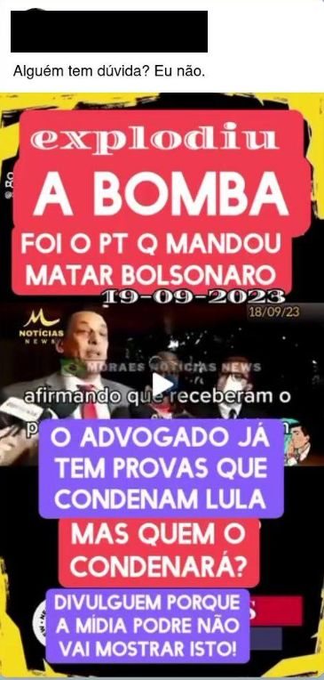 PublicaÃ§Ã£o de Facebook acusa Lula de estar por detrÃ¡s do ataque a Jair Bolsonaro, em 2018.