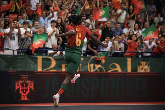 Portugal's Zicky celebrates after scoring a goal against Armenia during their Elite round FIFA Futsal World Cup 2024 futsal match , at Povoa de Varzim Pavillion, Porto, Portugal, 11 October 2023. JOSE COELHO/LUSA