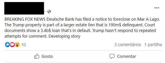PublicaÃ§Ã£o alega que casa de Donald Trump pode estar em vias de ser hipotecada.