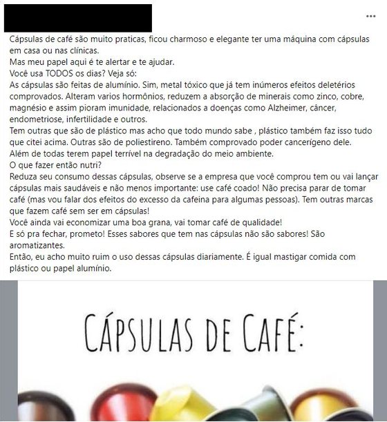 PublicaÃ§Ã£o de Facebook a alegar risco de cancro em cafÃ© consumido em cÃ¡psulas.