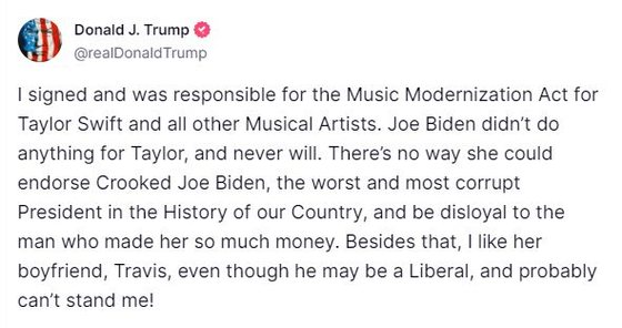 PublicaÃ§Ã£o de Donald Trump na sua rede social a Truth Social, sobre Taylor Swift e Joe Biden.