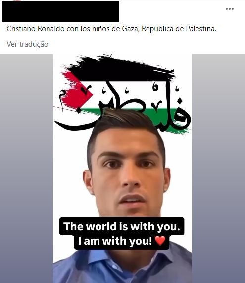 PublicaÃ§Ã£o de Facebook a alegar uma suposta mensagem de Cristiano Ronaldo em solidariedade com as crianÃ§as da Faixa de Gaza.