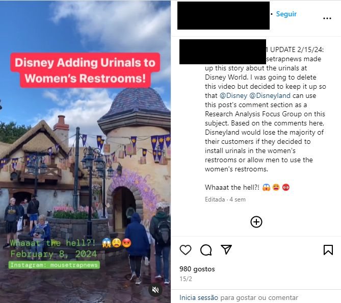 Publicação de Instagram a alegar que o parque da Disney World teria instalado urinóis nas casas de banho femininas.