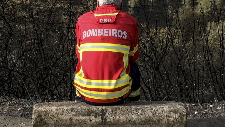 Um bombeiro descansa e olha para a área ardida pelo incêndio de quarta-feira em Palmela, 14 de julho de 2022. O fogo mobilizou 423 operacionais, com o apoio de 129 meios terrestres. RUI MINDERICO/LUSA