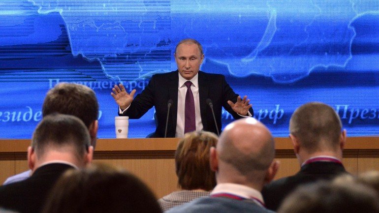 Vladimir Putin, durante a sua conferência de imprensa anual.