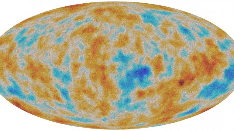 Representação da polarização das radiações cósmicas de fundo, pelos dados da missão Planck