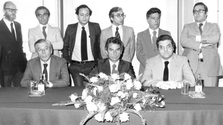 Sá Carneiro, Freitas do Amaral e Ribeiro Telles, quando assinaram o acordo da Aliança Democrática