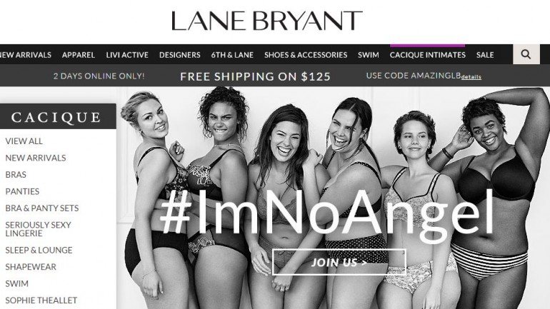 Captura de ecrã do site oficial da marca Lane Bryant, responsável pela campanha #I'mNoAngel