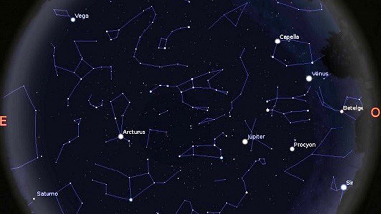 Mapa do céu visível às 22 horas do dia 6 de maio em Lisboa, mostrando os planetas Vénus, Júpiter e Saturno