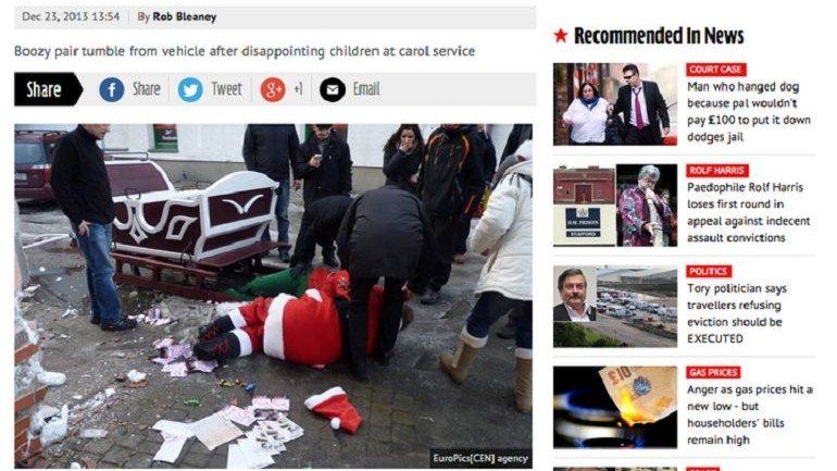 Printscreen da notícia que, em dezembro de 2013, o Mirror publicou com base no que aconteceu em Ustrzyki Dolne, cidade na Polónia