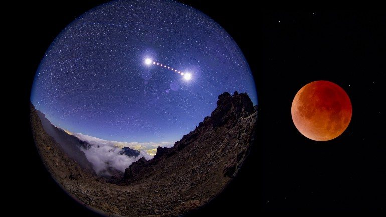 O eclipse da superlua de 28 de setembro: a sequência completa do eclipse visto de La Palma, nas ilhas Canárias (à esquerda) e a &quot;Lua vermelha&quot; do eclipse à direita (à direita)
