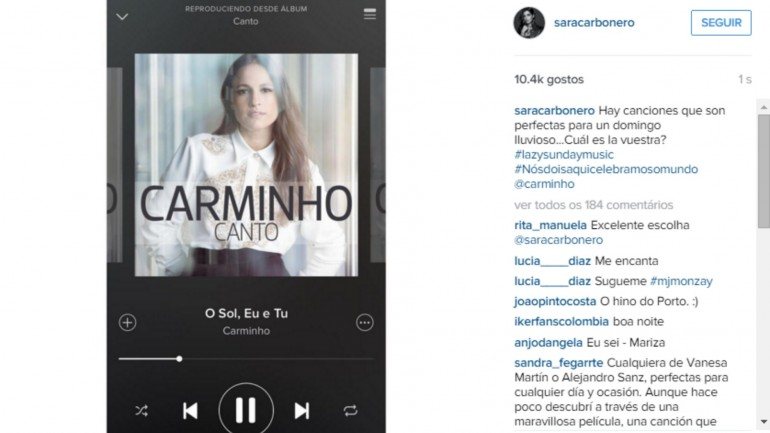 Carbonero elogiou a música da fadista Carminho na sua conta de Instagram.