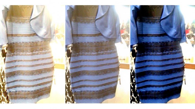 Ao centro, o vestido original; à esquerda e a direita as versões que se fizeram para acentuar o branco e dourado (à esquerda) e o preto e azul (à direita)