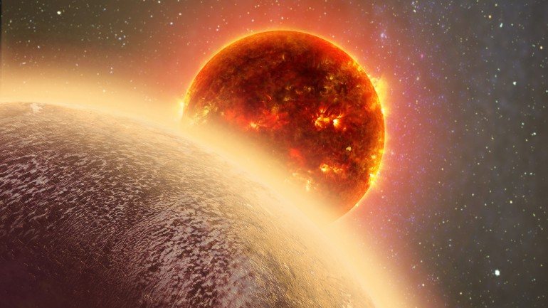 Imagem artística do planeta GJ 1132b com a estrela Gliese 1132 (ao fundo)