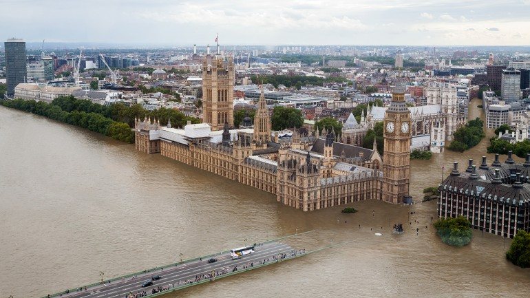 O centro de Londres completamente inundado, caso as temperaturas aumentem 4ºC