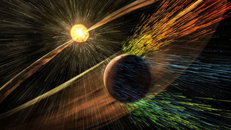 Representação artística dos ventos solares a atingirem as camadas superiores da atmosfera de Marte